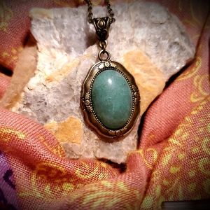Aventurine Oval Pendant 24" Chain Antique Bronze
